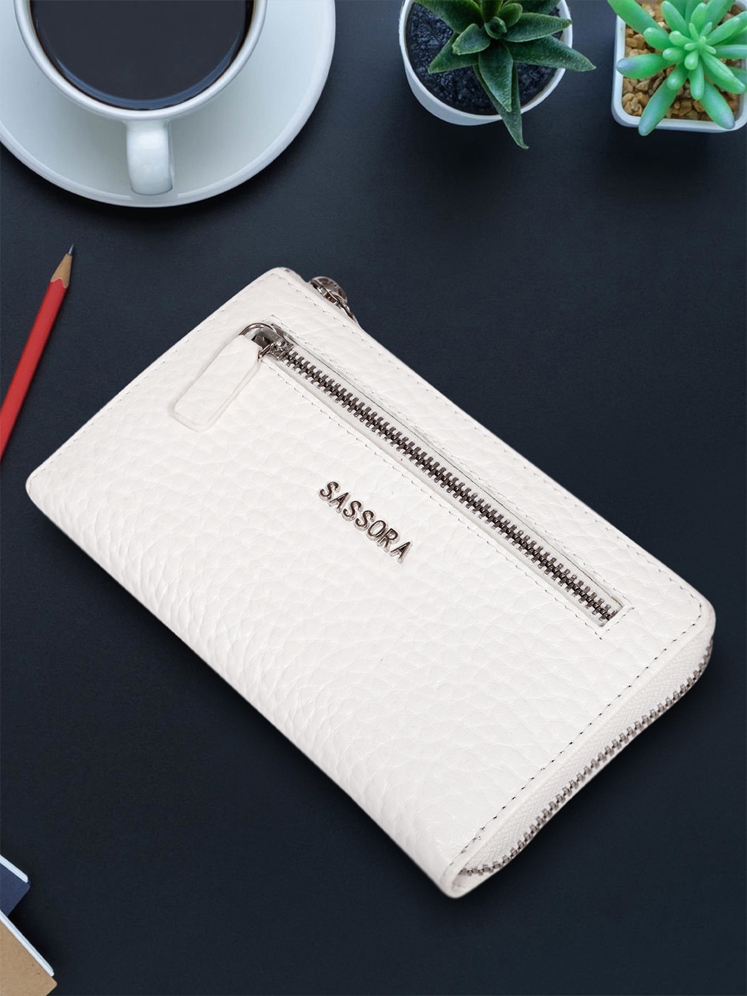 

Sassora Women Leather Zip Around Wallet, White