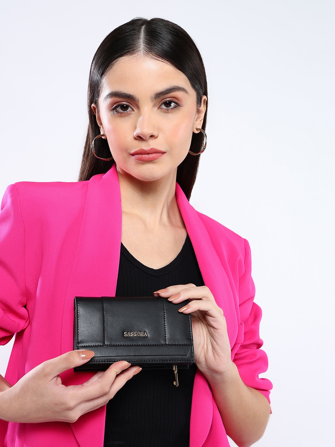 

Sassora Women Embellished Leather Two Fold Wallet, Black
