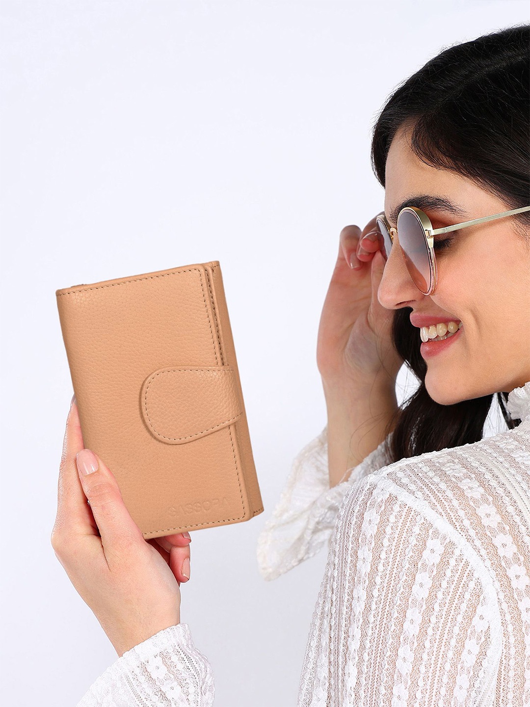 

Sassora Women Leather Two Fold Wallet, Beige