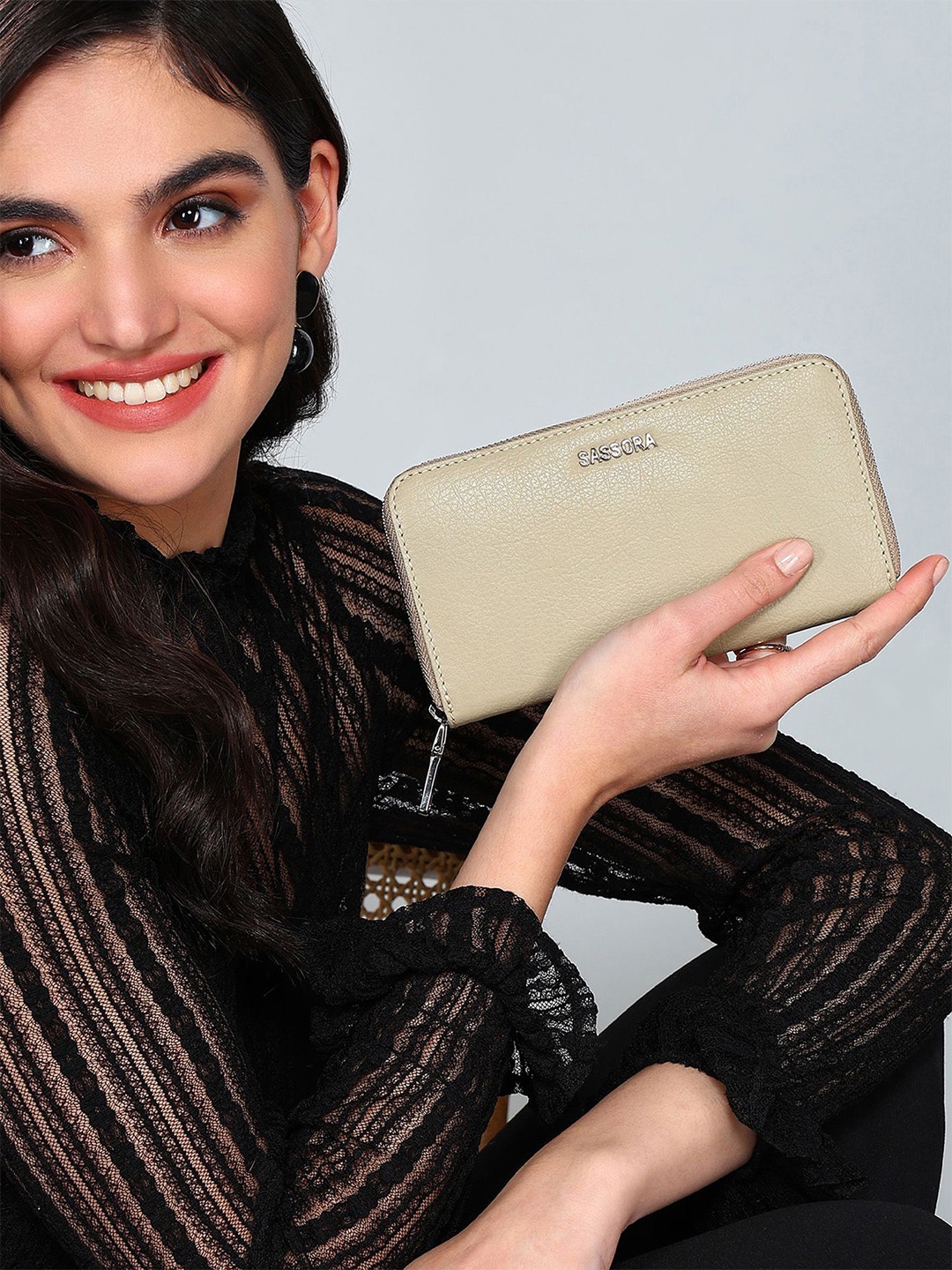 

Sassora Women Leather Zip Around Wallet, Beige