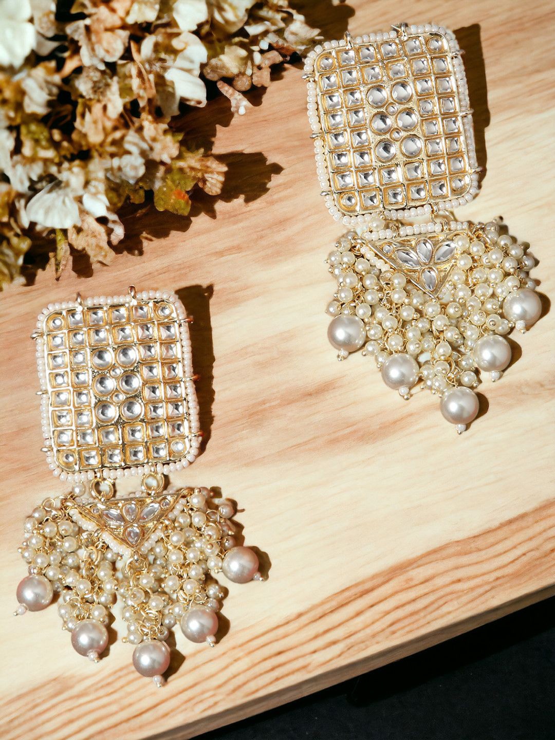 

Anouk Gold-Toned Kundan-Studded & Pearl Beaded Square Drop Earrings