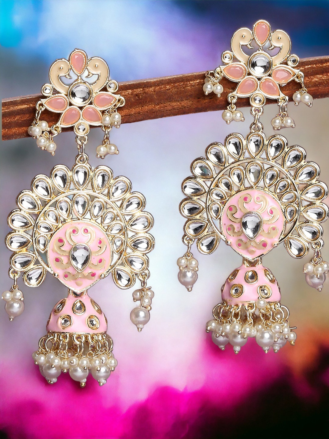 

Anouk Gold-Toned Kundan-Studded & Pearl Beaded Peacock Shaped Jhumkas