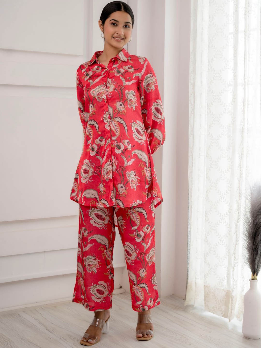 

Chandbaali Floral Printed Shirt Collar Tunic With Palazzos, Coral