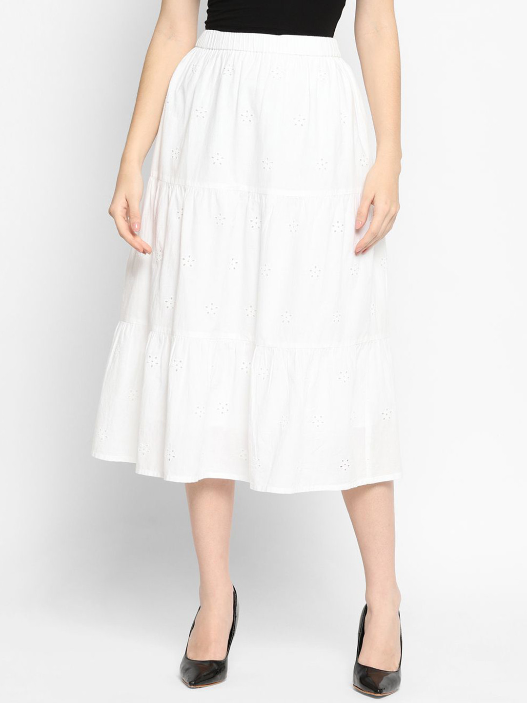 

HOUSE OF KKARMA Schiffli Pure Cotton A-Line Midi Skirts, White