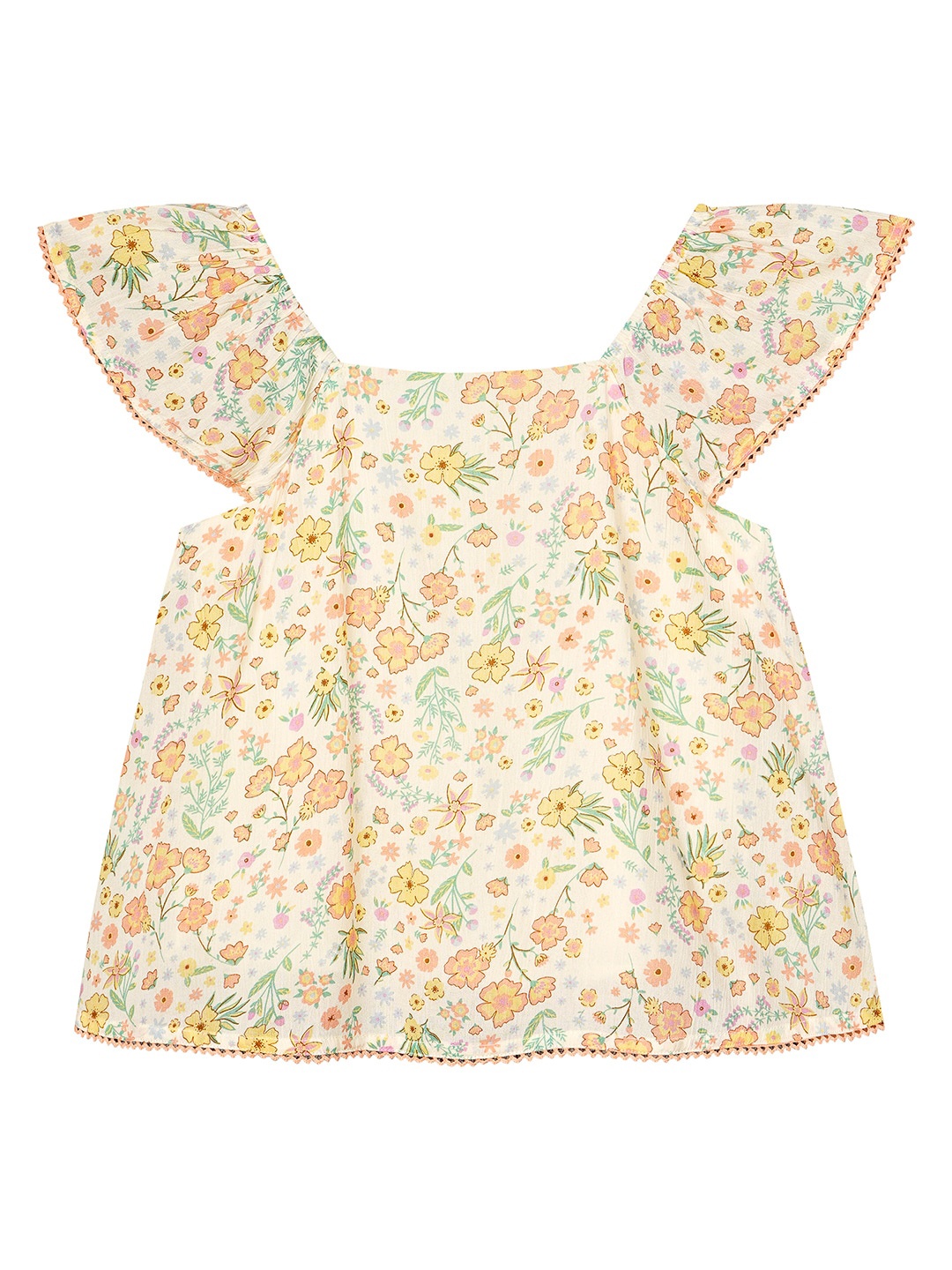 

Budding Bees Girl Floral Printed Cap Sleeves Cotton Top, Beige
