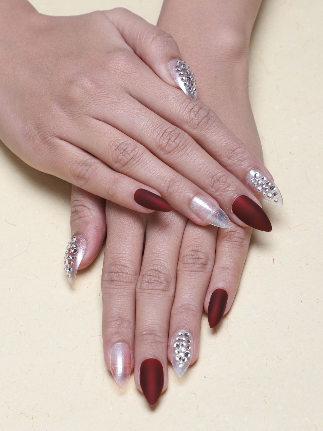 

LICK 28 Pcs Matte Long Stone Fake Reusable Artificial Press On Nails - Maroon, Red