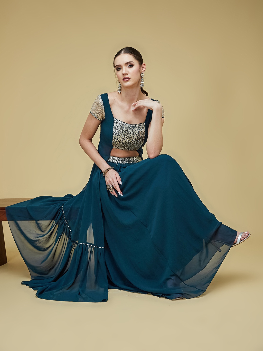 

Life With Pockets Embellished Square Neck Short Sleeves Party Top With Skirt, Teal