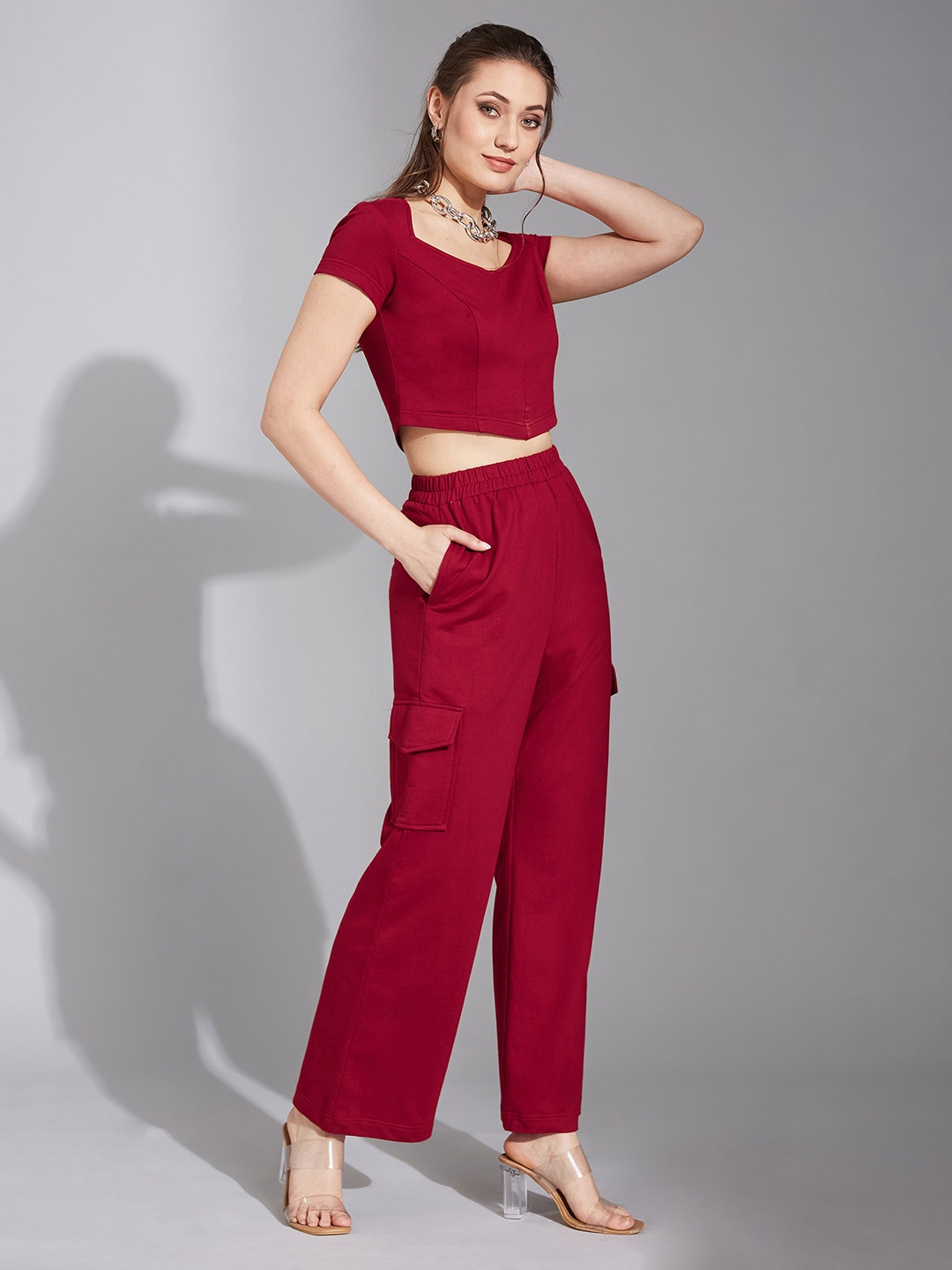 

Life With Pockets My Mind Is Racing Scoop Neck Panelled Cotton Top With Trousers, Maroon