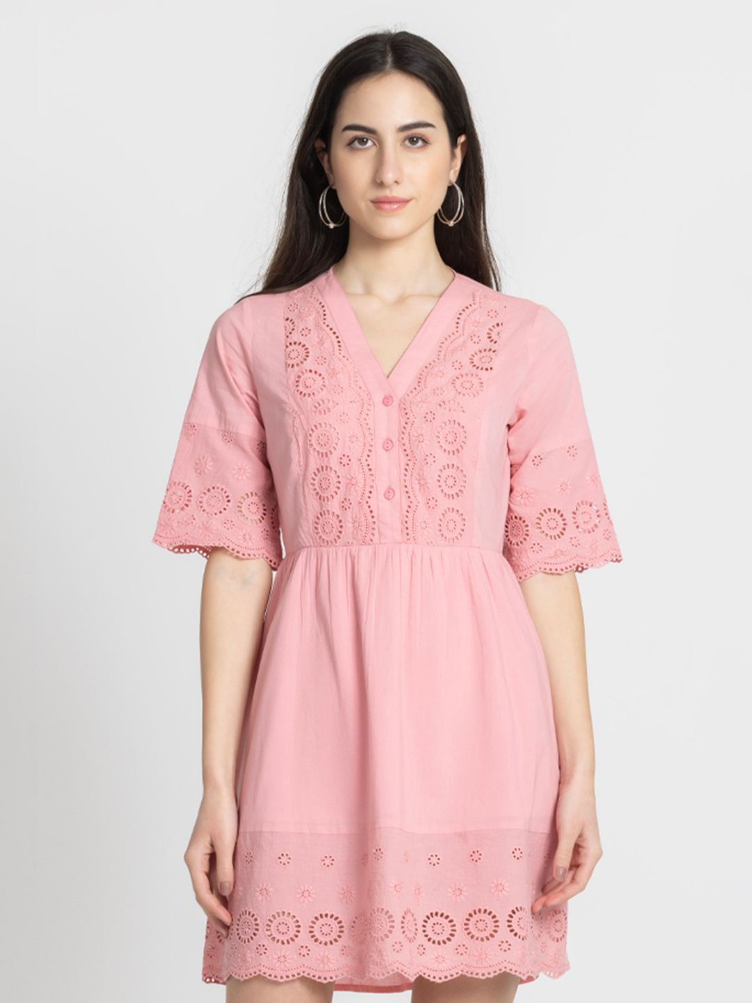 

SHAYE V Neck Short Sleeves Cotton Fit & Flare Dress, Pink