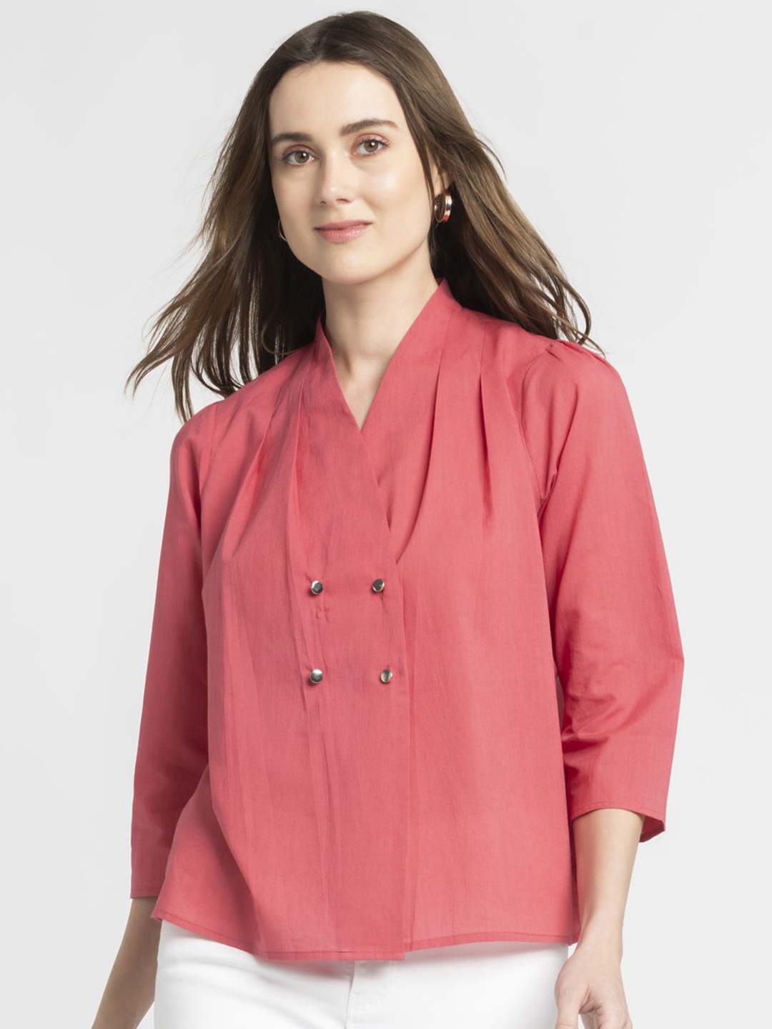 

SHAYE Cuffed Sleeves Gathered or Pleated Pure Cotton Shirt Style Top, Coral