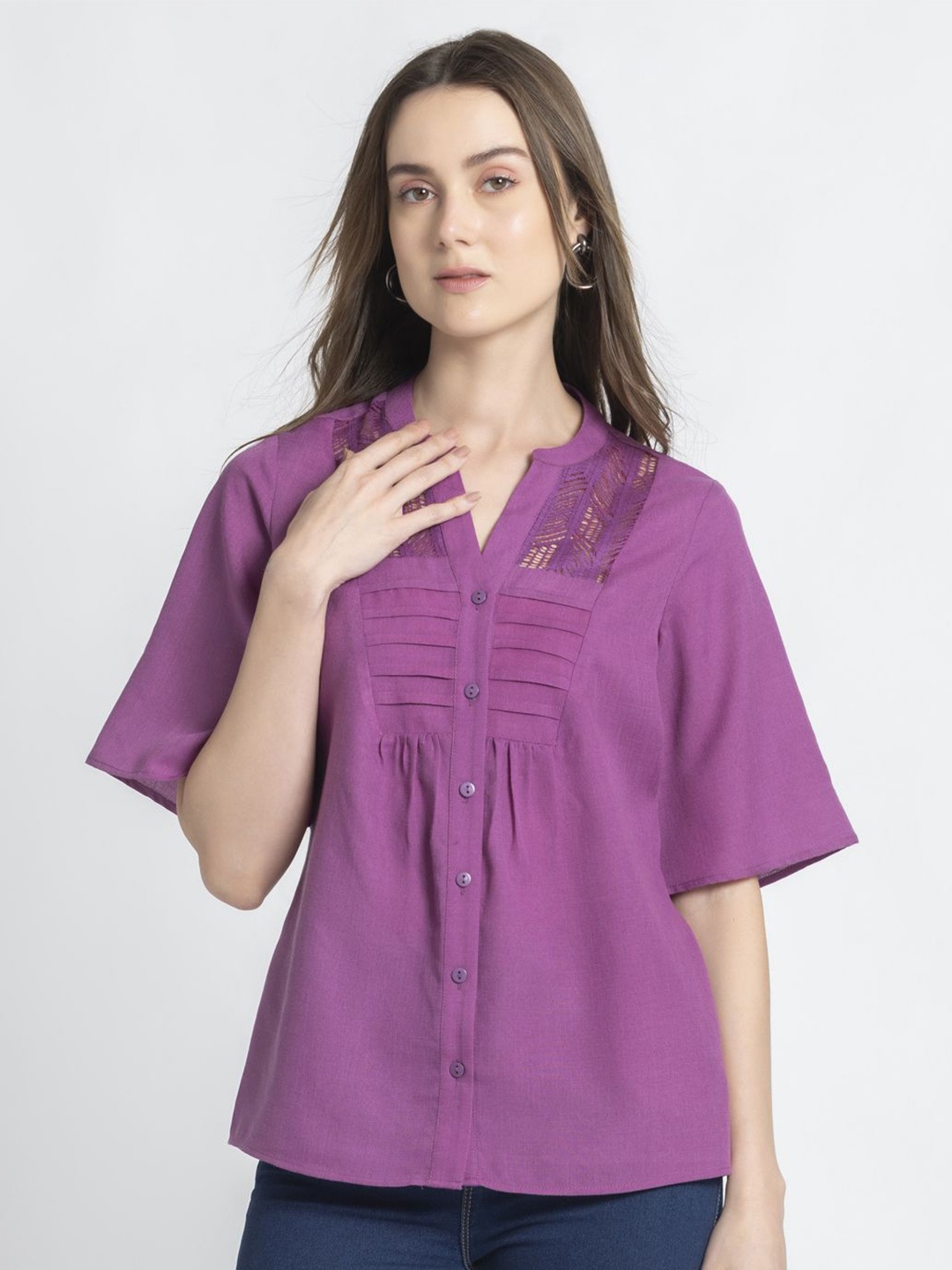 

SHAYE Mandarin Collar Flared Sleeves Lace Inserts Detail Shirt Style Top, Purple