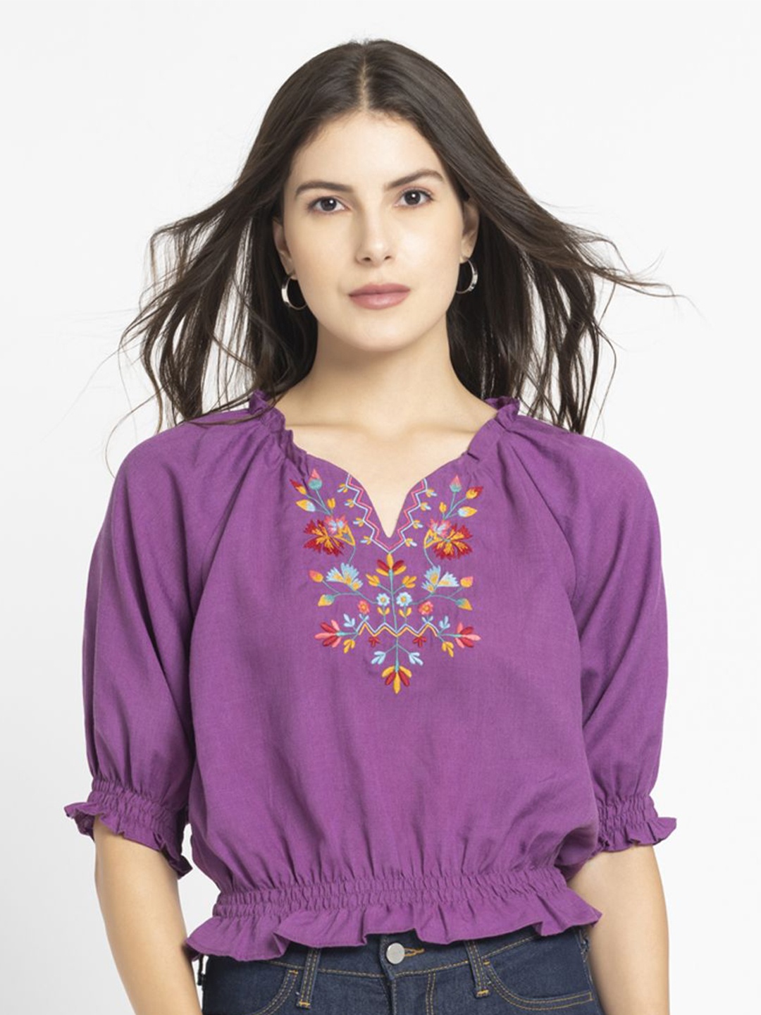 

SHAYE Floral Embroidered Puff Sleeves Blouson Top, Purple