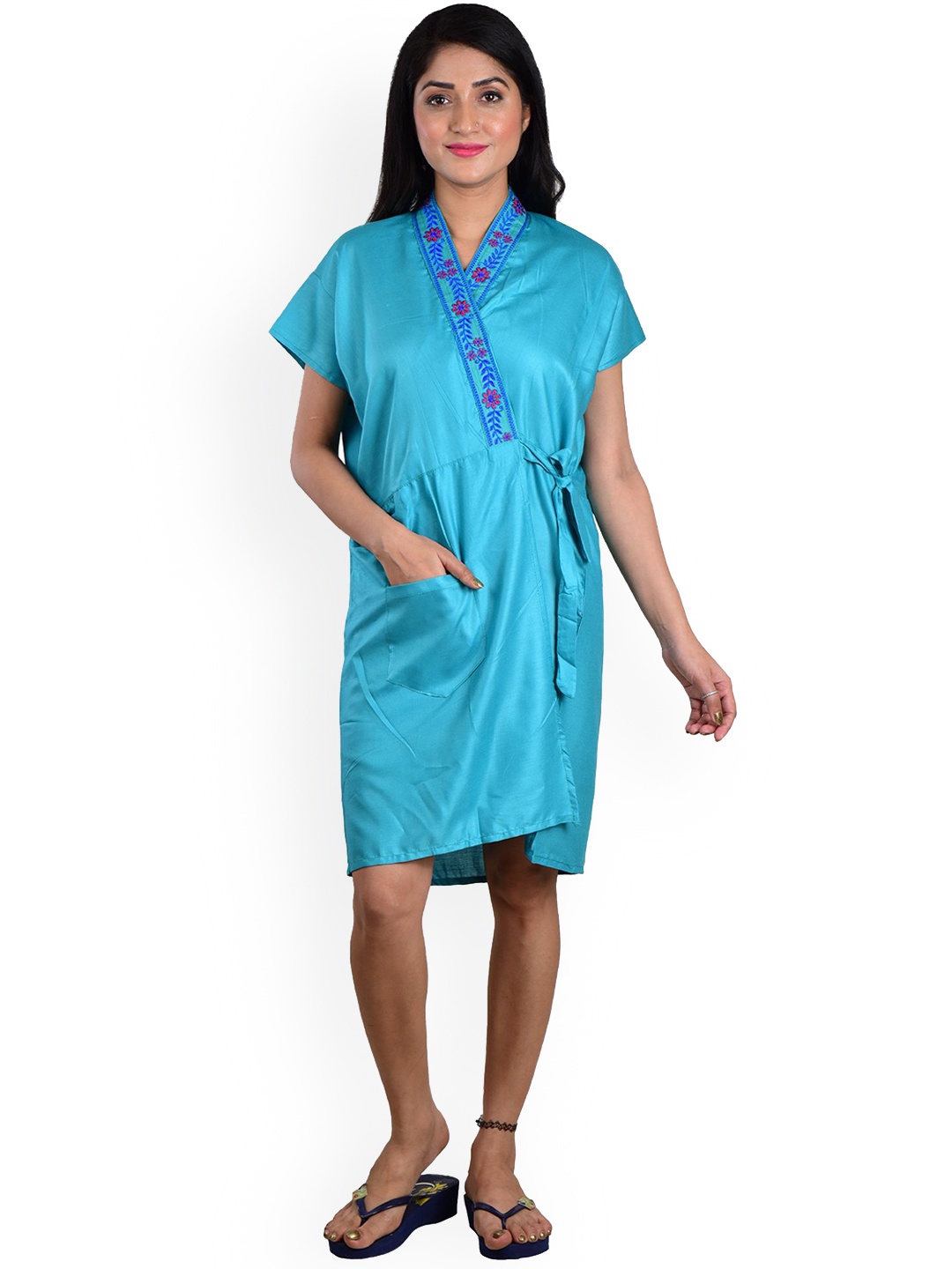 

DUI KONNA V-Neck Knee Length Robe, Sea green