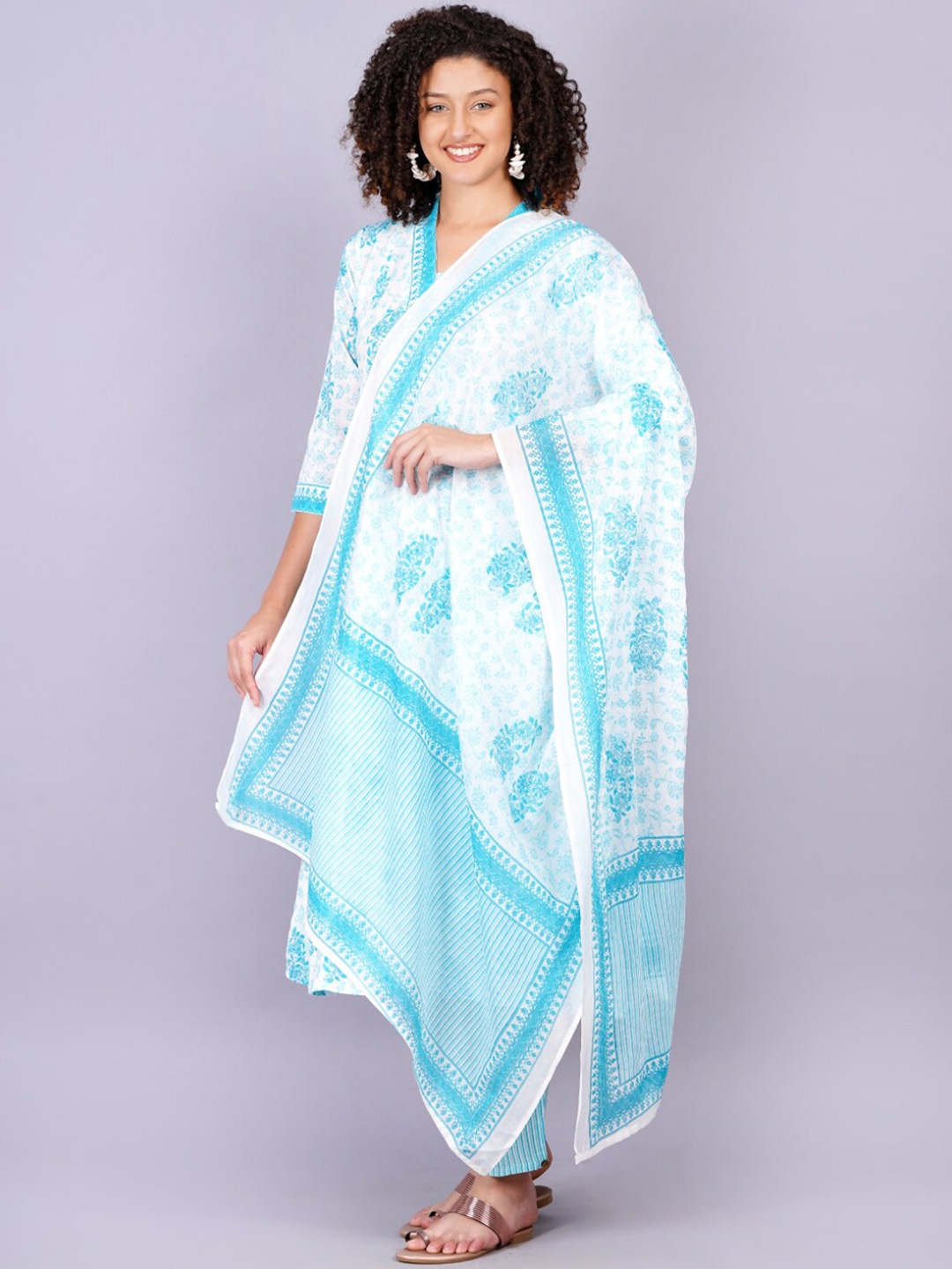 

KALINI Floral Printed Regular Pure Cotton A-line Kurta With Trousers & Dupatta, Blue