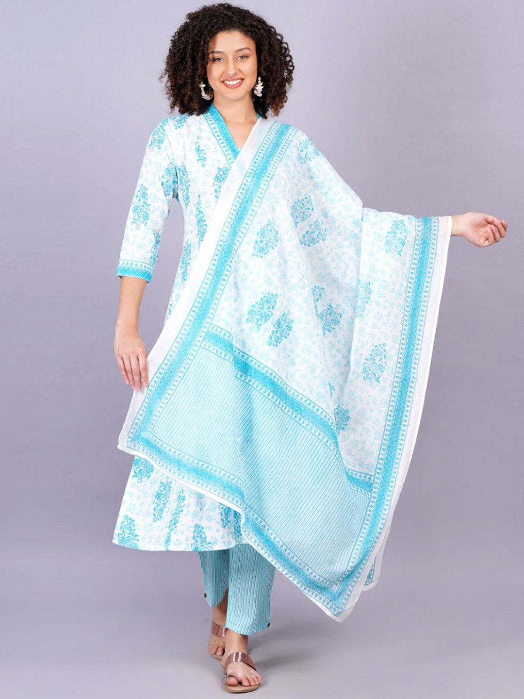 

JC4U Floral Printed V-Neck Pure Cotton A-line Kurta with Trousers & Dupatta, Blue