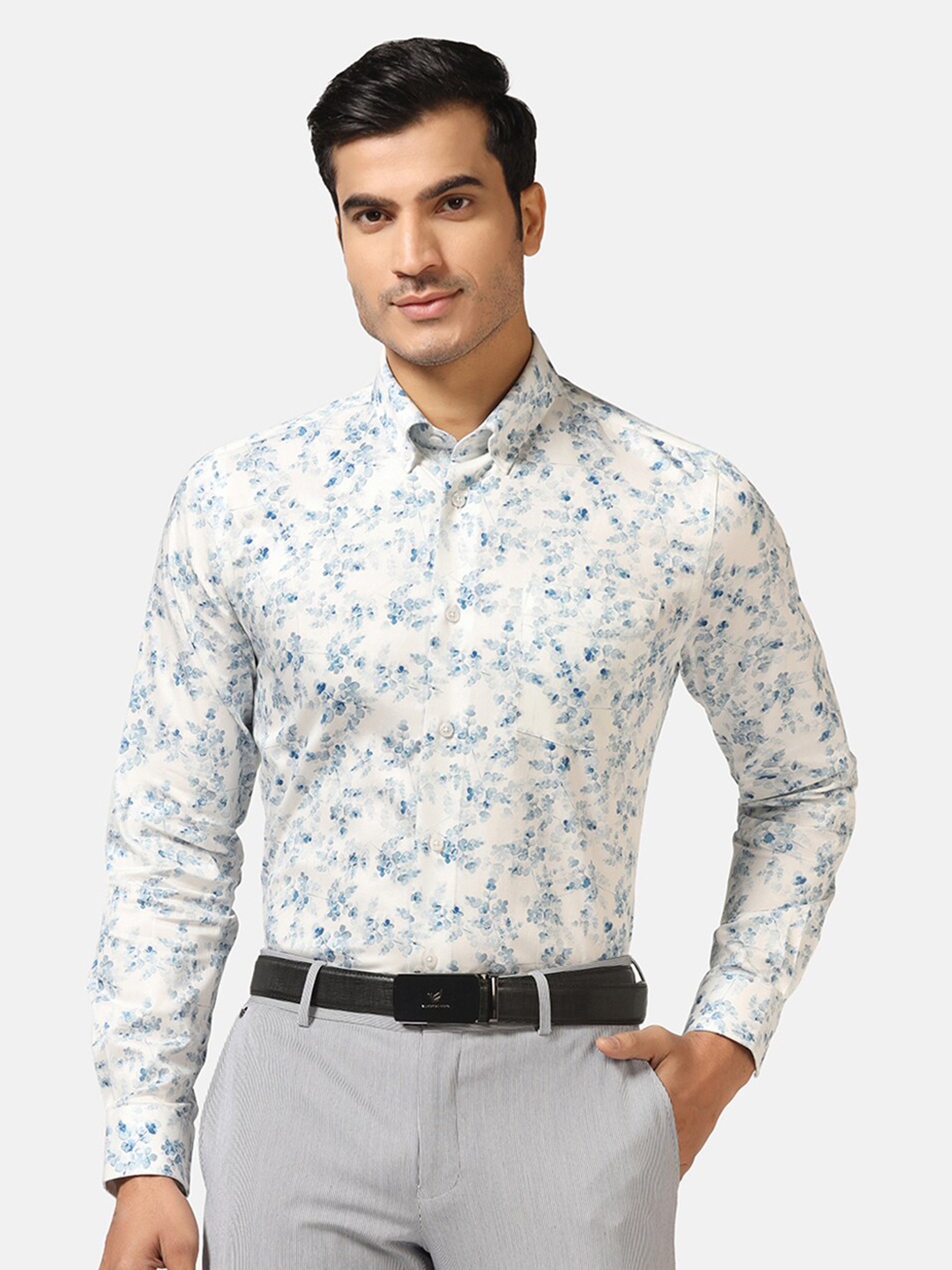 

Blackberrys Straight Slim Fit Floral Printed Cotton Formal Shirt, Blue