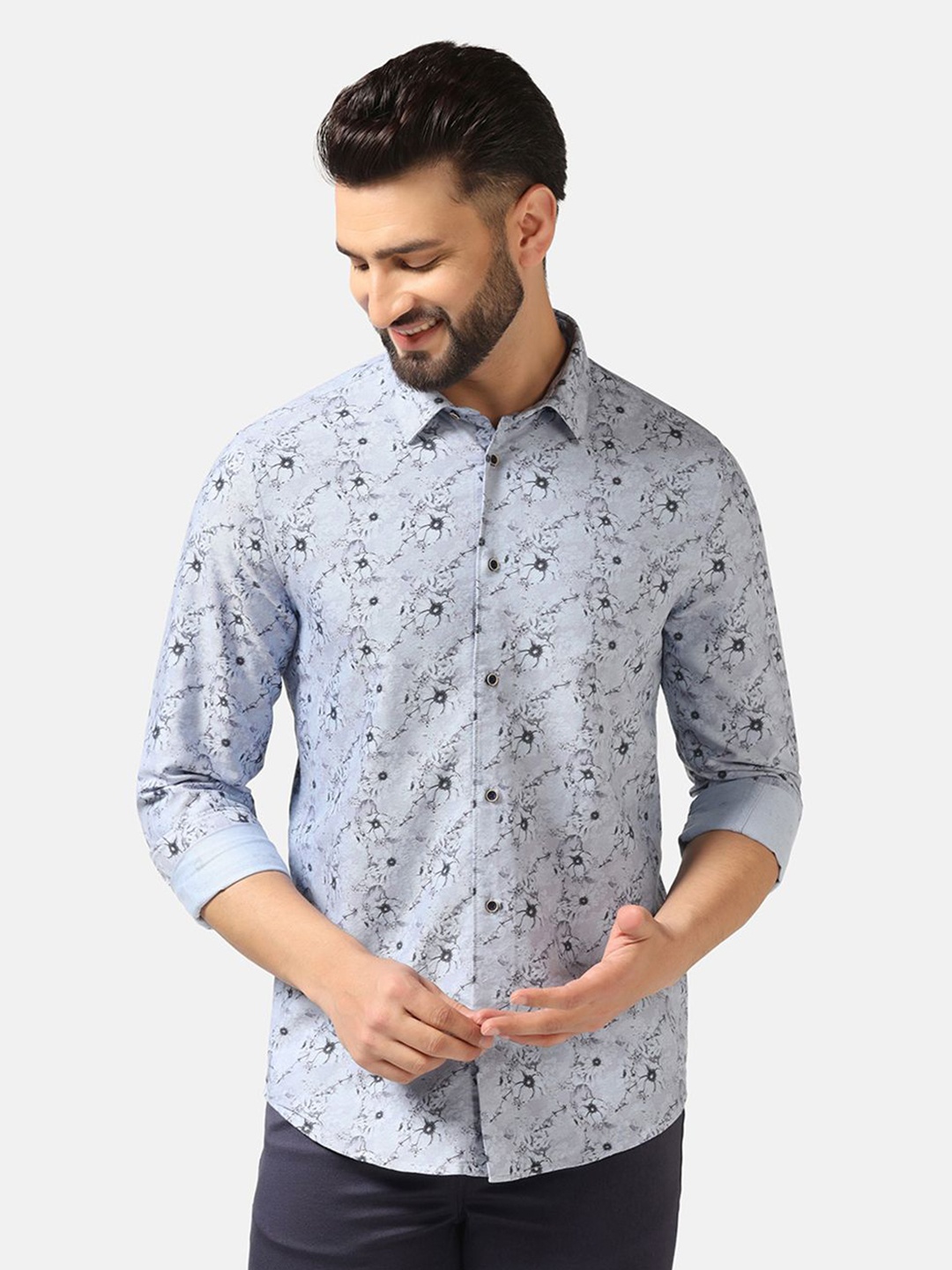 

Blackberrys Straight Slim Fit Floral Printed Cotton Casual Shirt, Blue