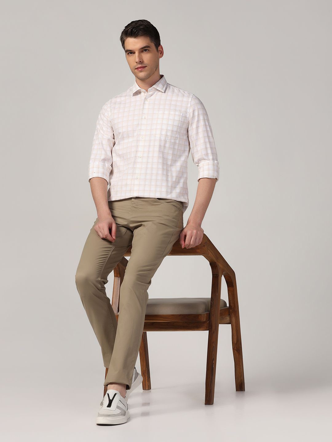 

Blackberrys Straight Slim Fit Grid Tattersall Checked Cotton Casual Shirt, Beige