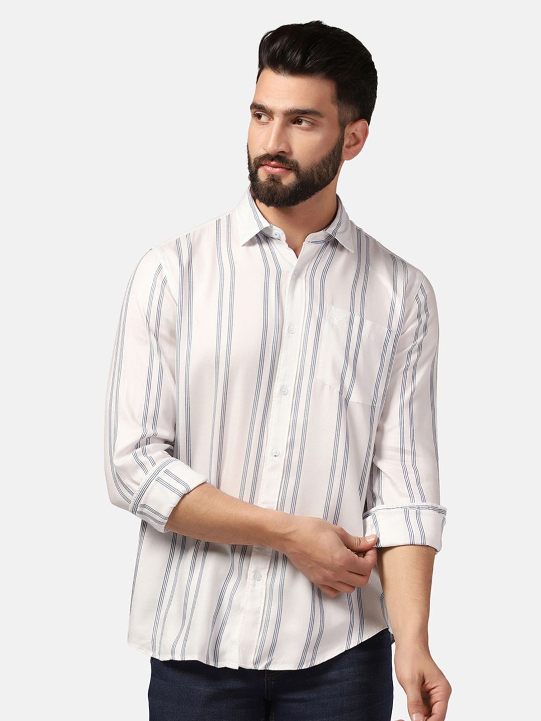 

Blackberrys Straight Slim Fit Vertical Stripes Cotton Casual Shirt, White