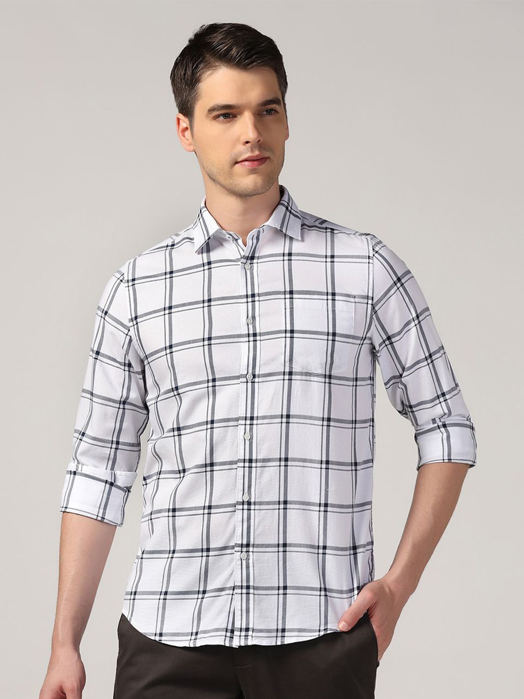 

Blackberrys Straight Slim Fit Windowpane Checked Cotton Casual Shirt, White