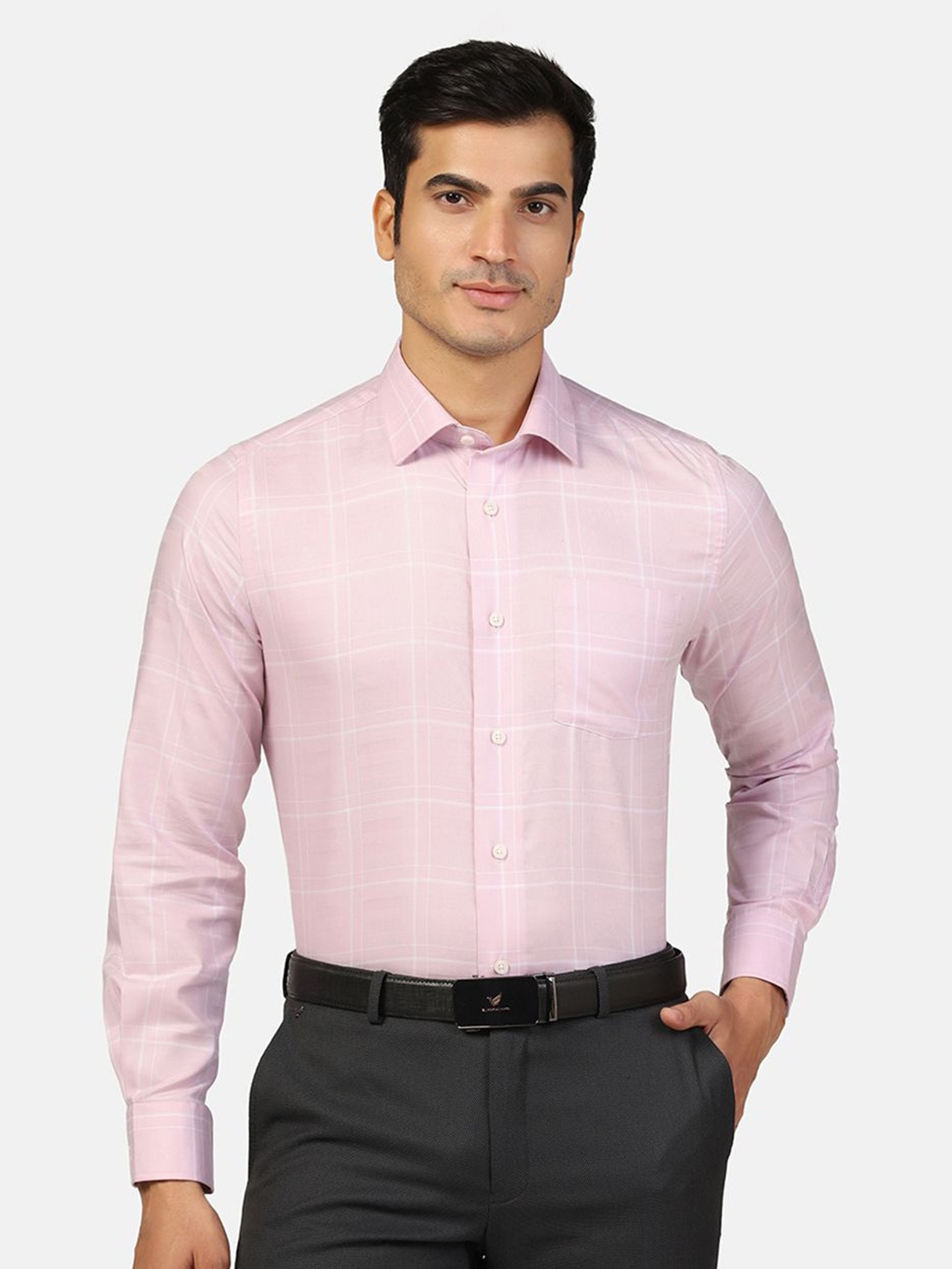 

Blackberrys Straight Slim Fit Windowpane Checks Cotton Formal Shirt, Pink