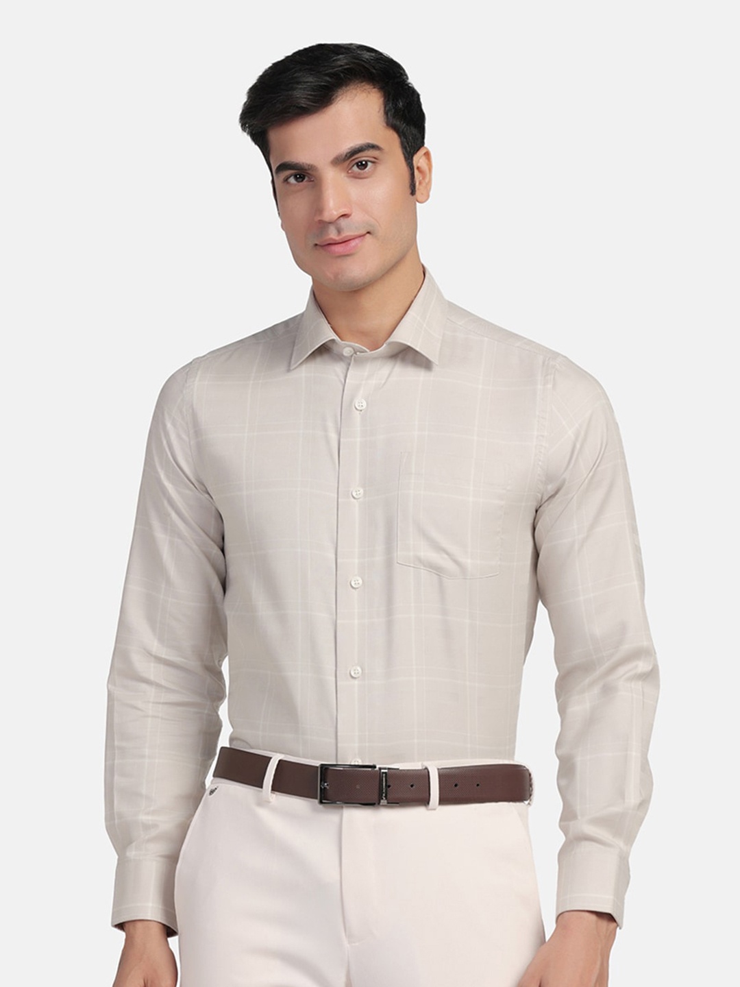 

Blackberrys Straight Slim Fit Checked Spread Collar Cotton Formal Shirt, Beige