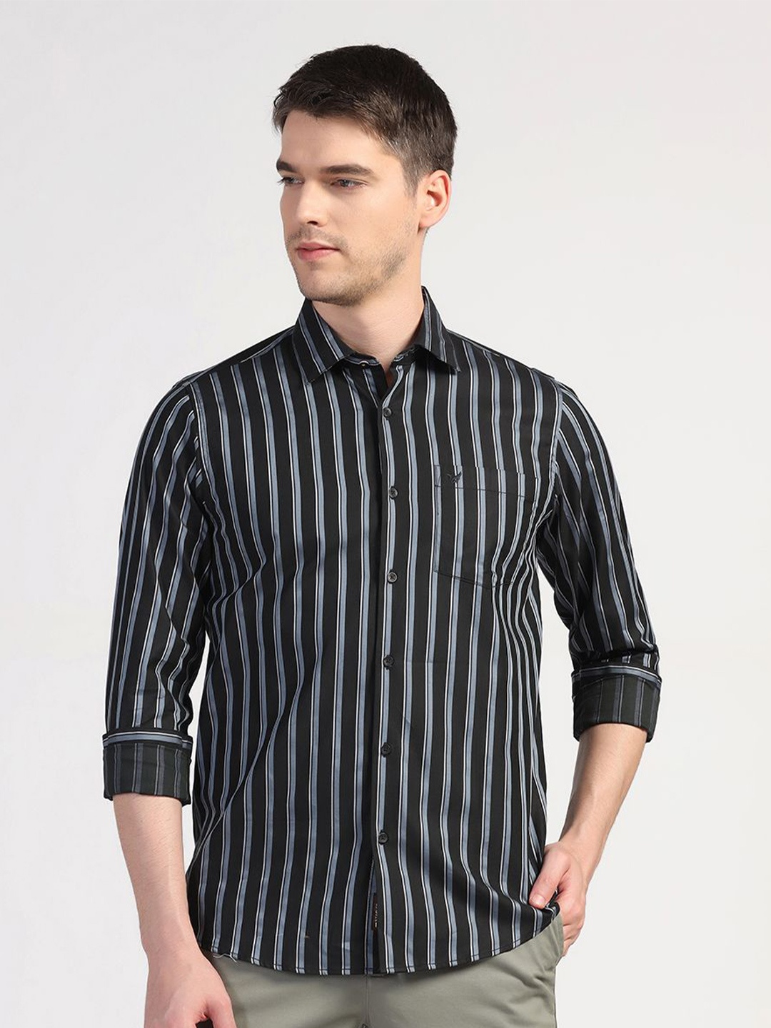 

Blackberrys Straight Slim Fit Striped Cotton Casual Shirt, Black