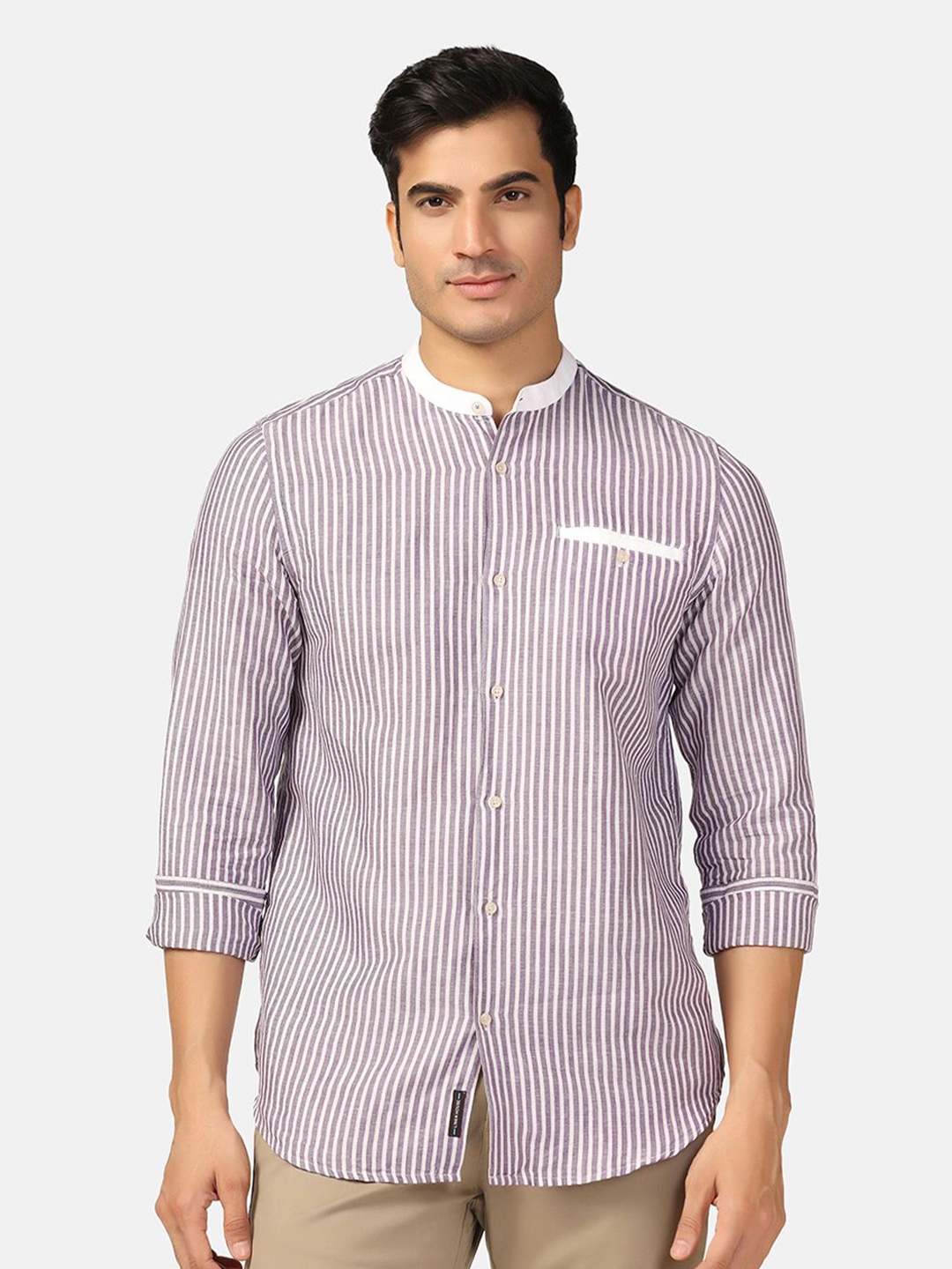 

Blackberrys Straight Slim Fit Vertical Stripes Mandarin Collar Linen Casual Shirt, Lavender