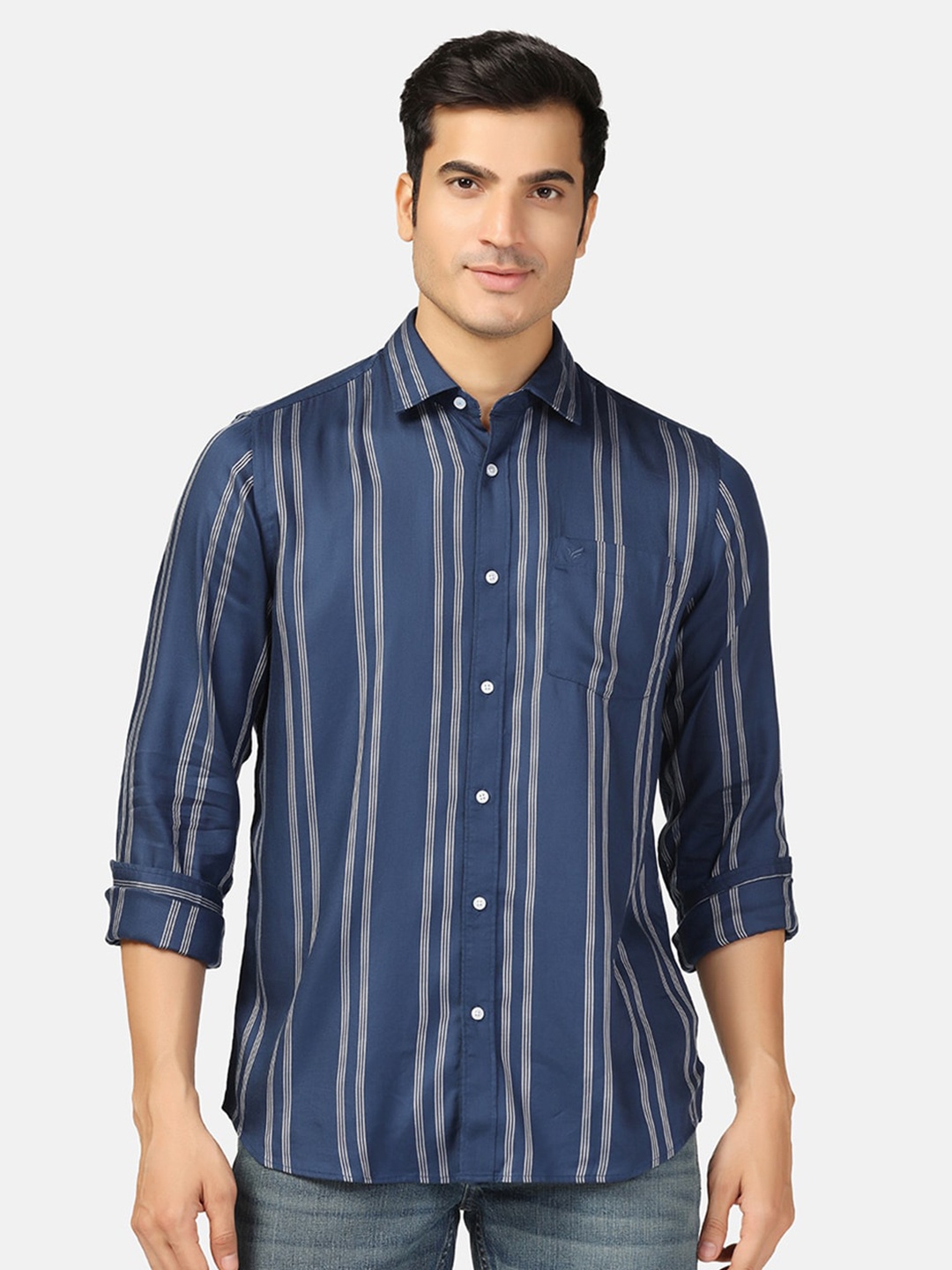 

Blackberrys Straight Slim Fit Striped Cotton Casual Shirt, Navy blue
