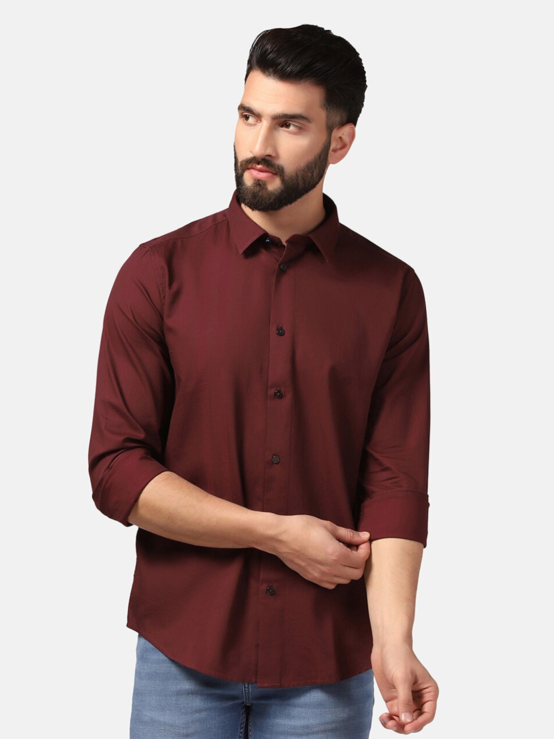 

Blackberrys Straight Slim Fit Spread Collar Cotton Casual Shirt, Maroon