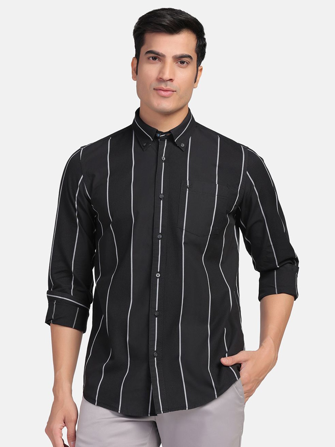 

Blackberrys Straight Slim Fit Striped Cotton Casual Shirt, Black
