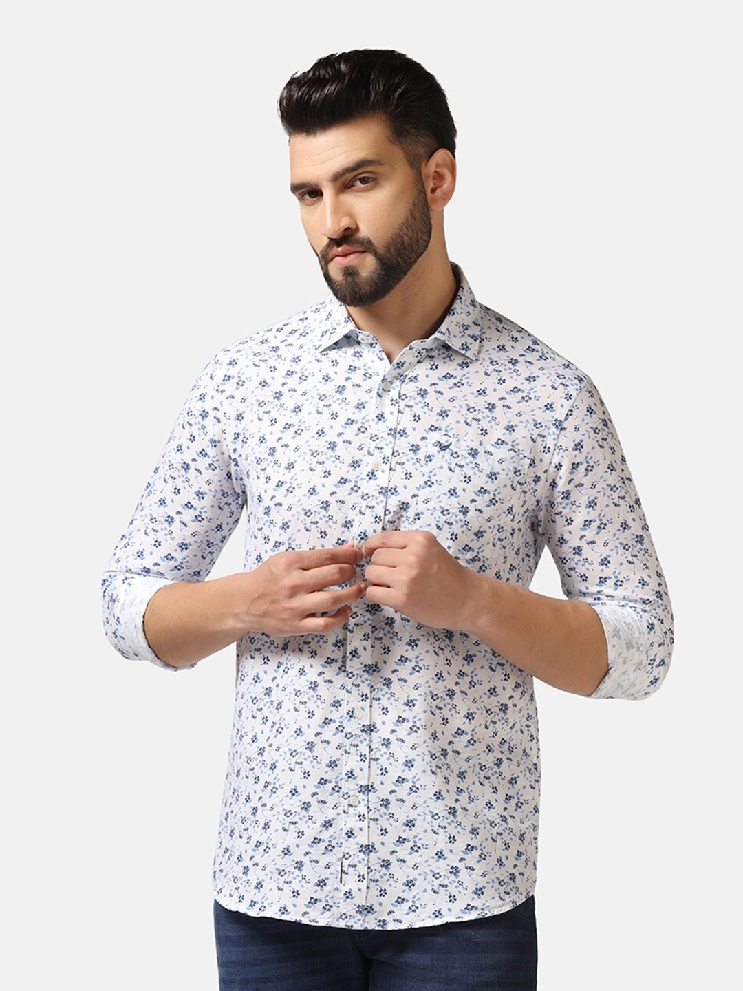 

Blackberrys Straight Slim Fit Floral Printed Linen Casual Shirt, White