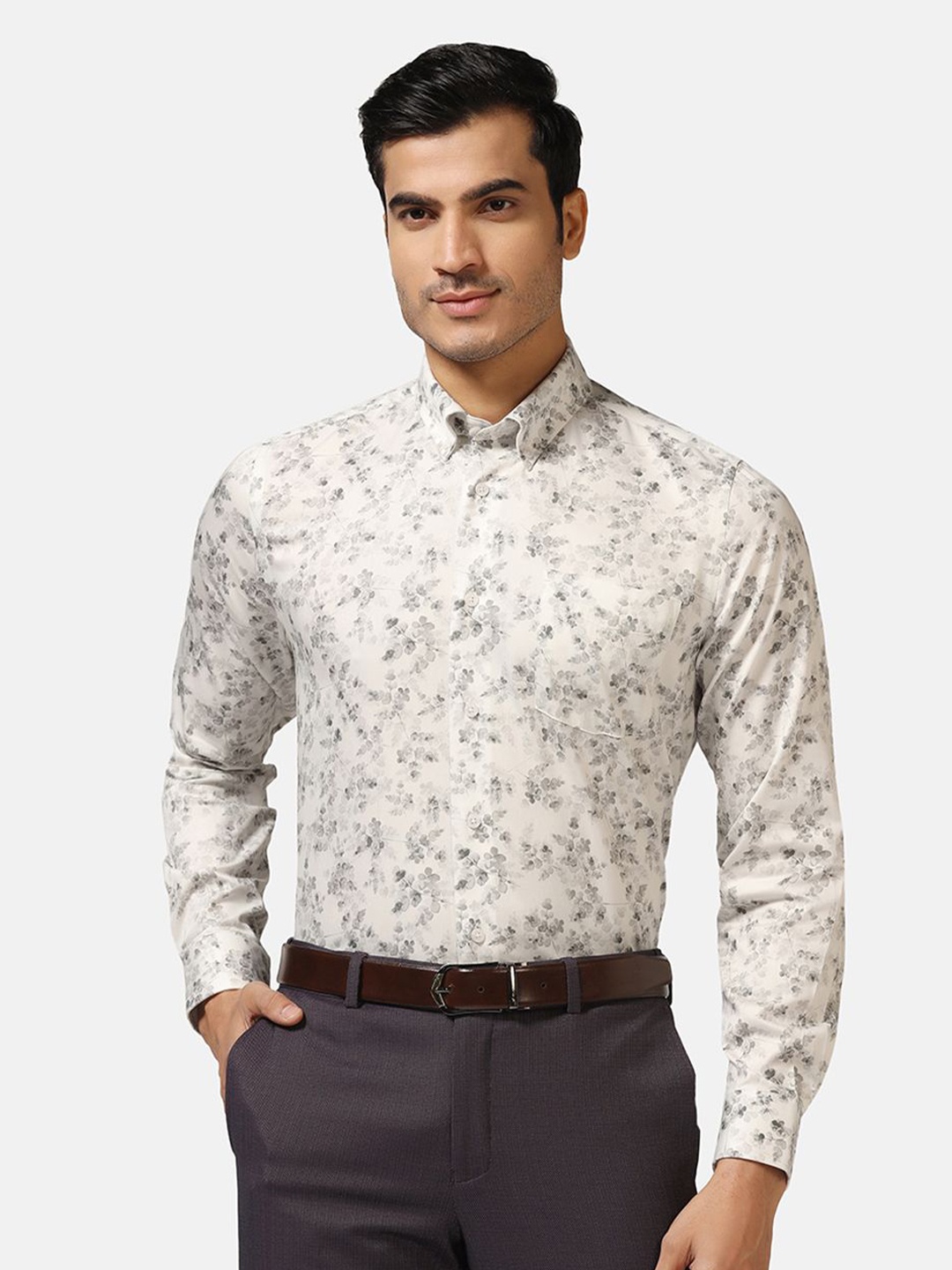 Blackberrys Straight Slim Fit Floral Printed Button-Down Collar Cotton Formal Shirt, Grey