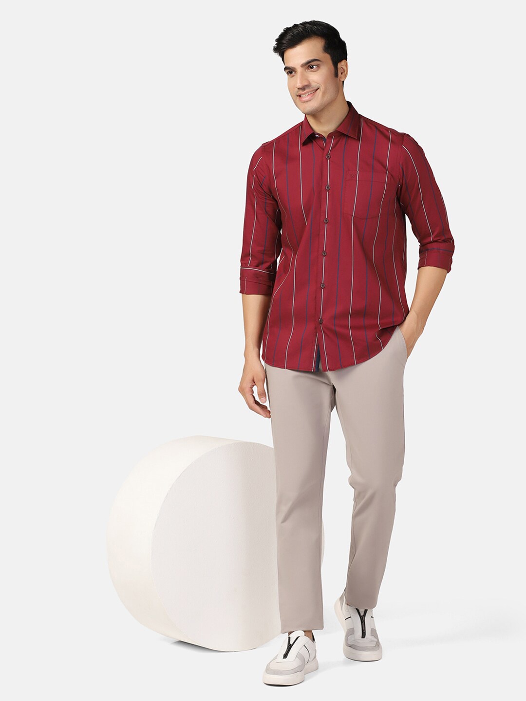 

Blackberrys Straight Slim Fit Vertical Striped Cotton Casual Shirt, Red