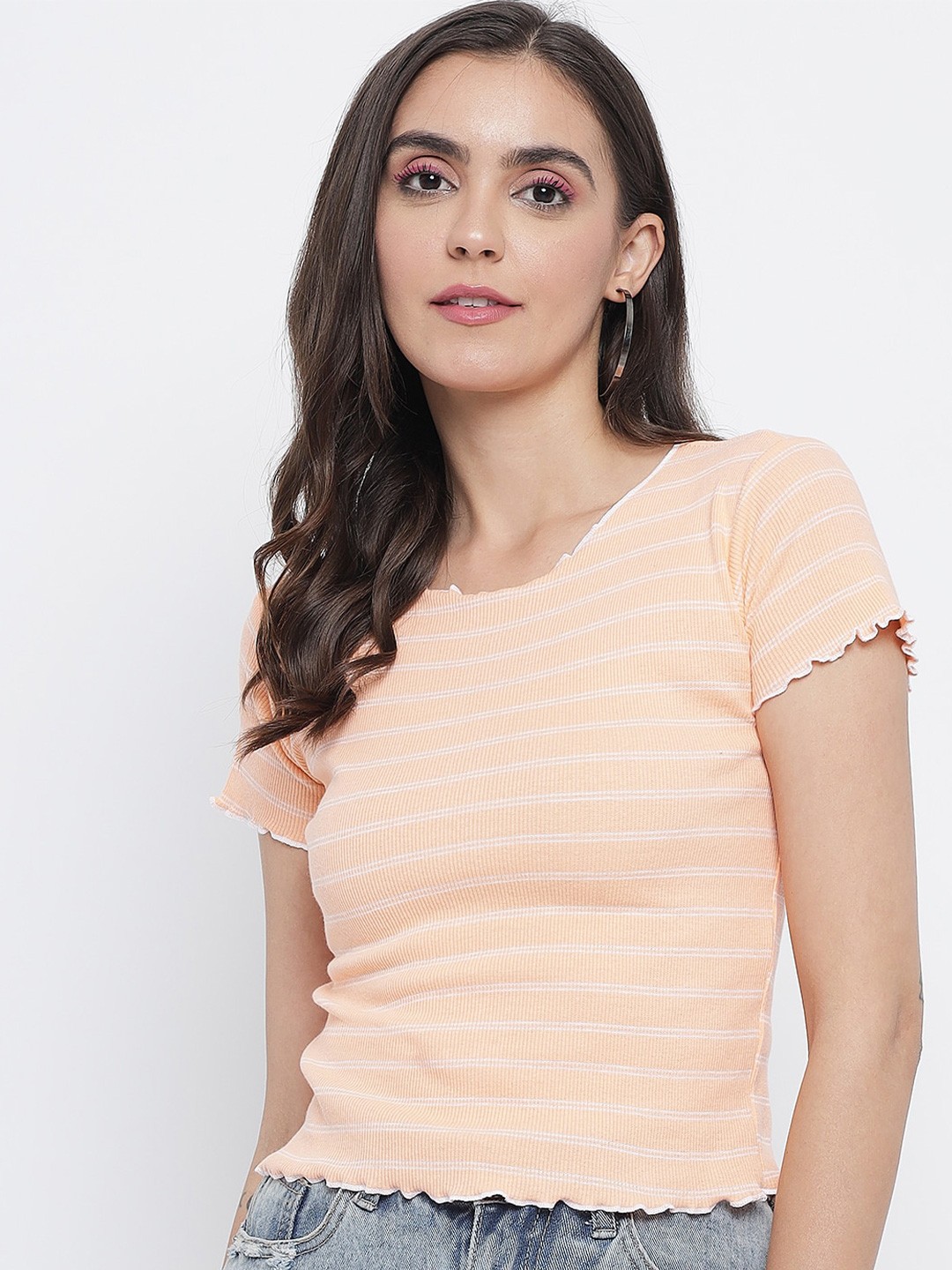 

TANDUL Horizontal Stripes Round Neck Top, Pink