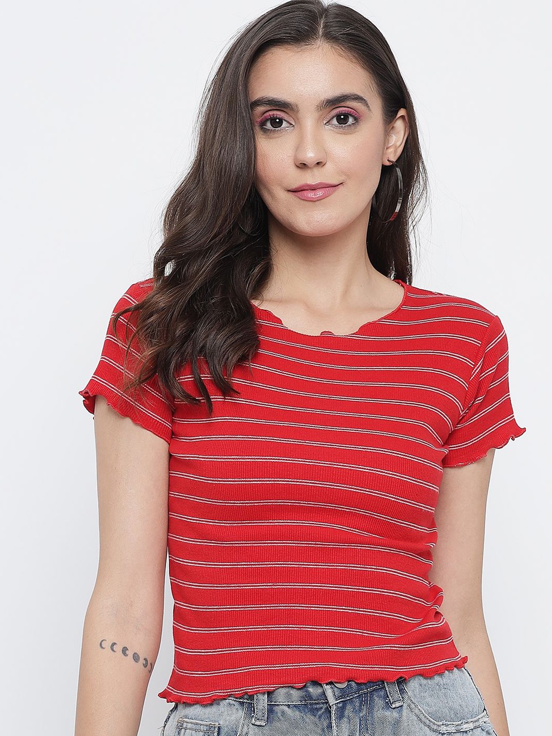 

TANDUL Round Neck Striped Top, Red