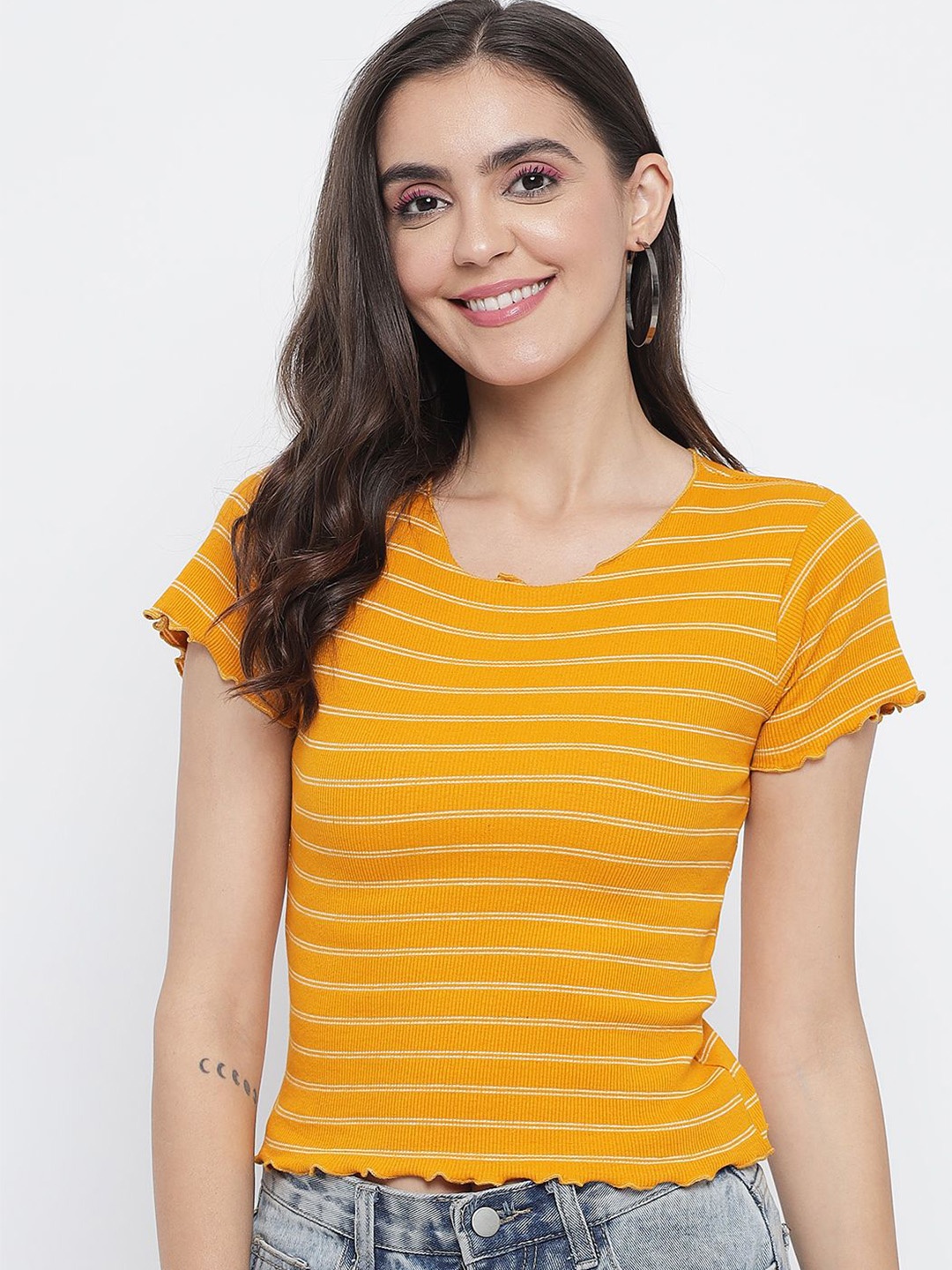 

TANDUL Horizontal Stripes Round Neck Short Sleeves Top, Yellow