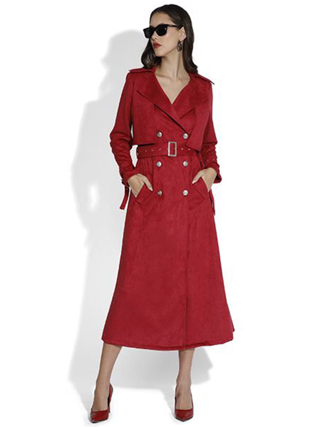 

SAMMYUKK Shirt Collar Long Sleeves Formal Midi Belted Trench Coat Style Dress, Red