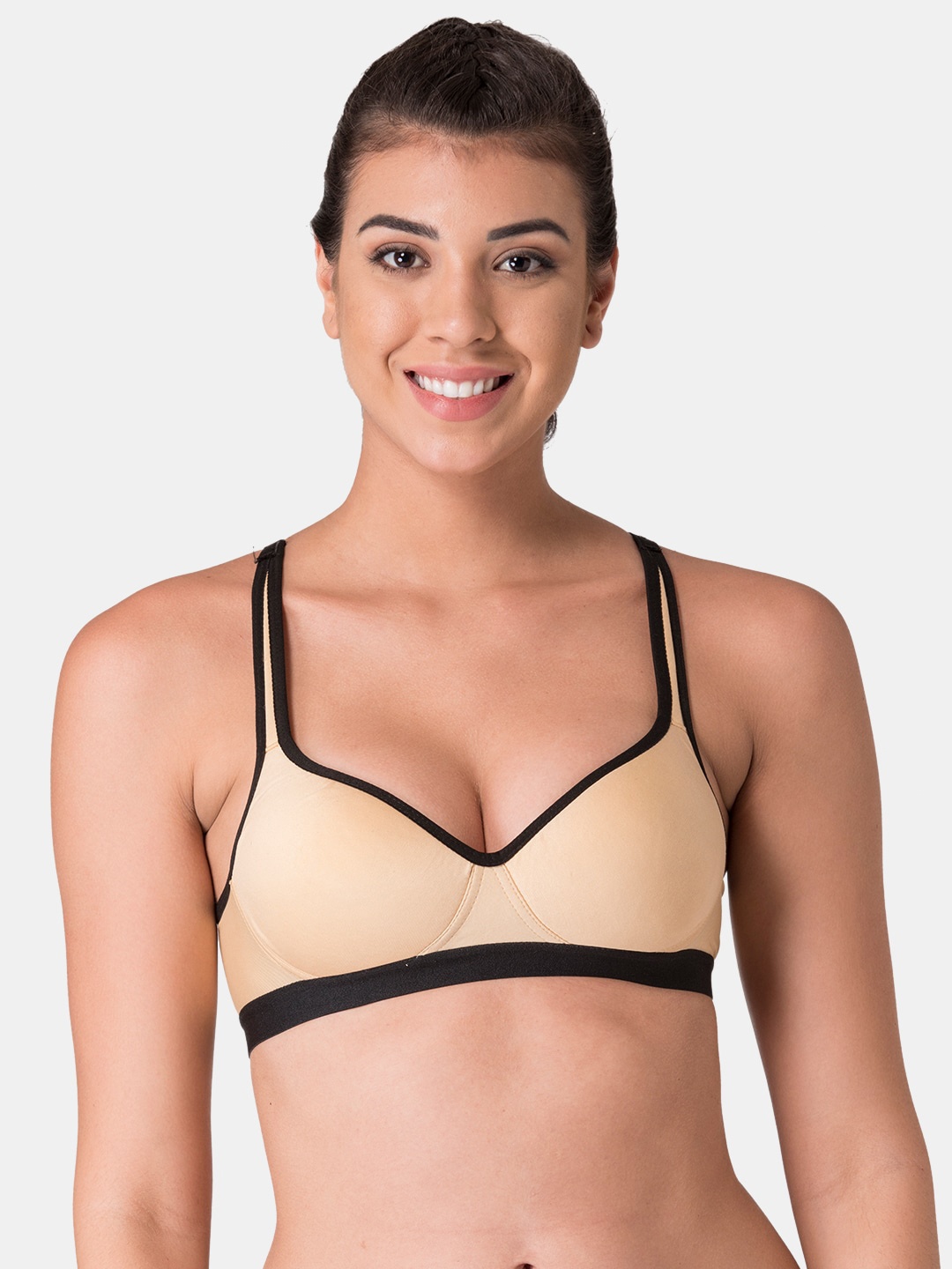 

KOMLI Full Coverage Lightly Padded Cotton Workout Bra- All Day Comfort, Beige