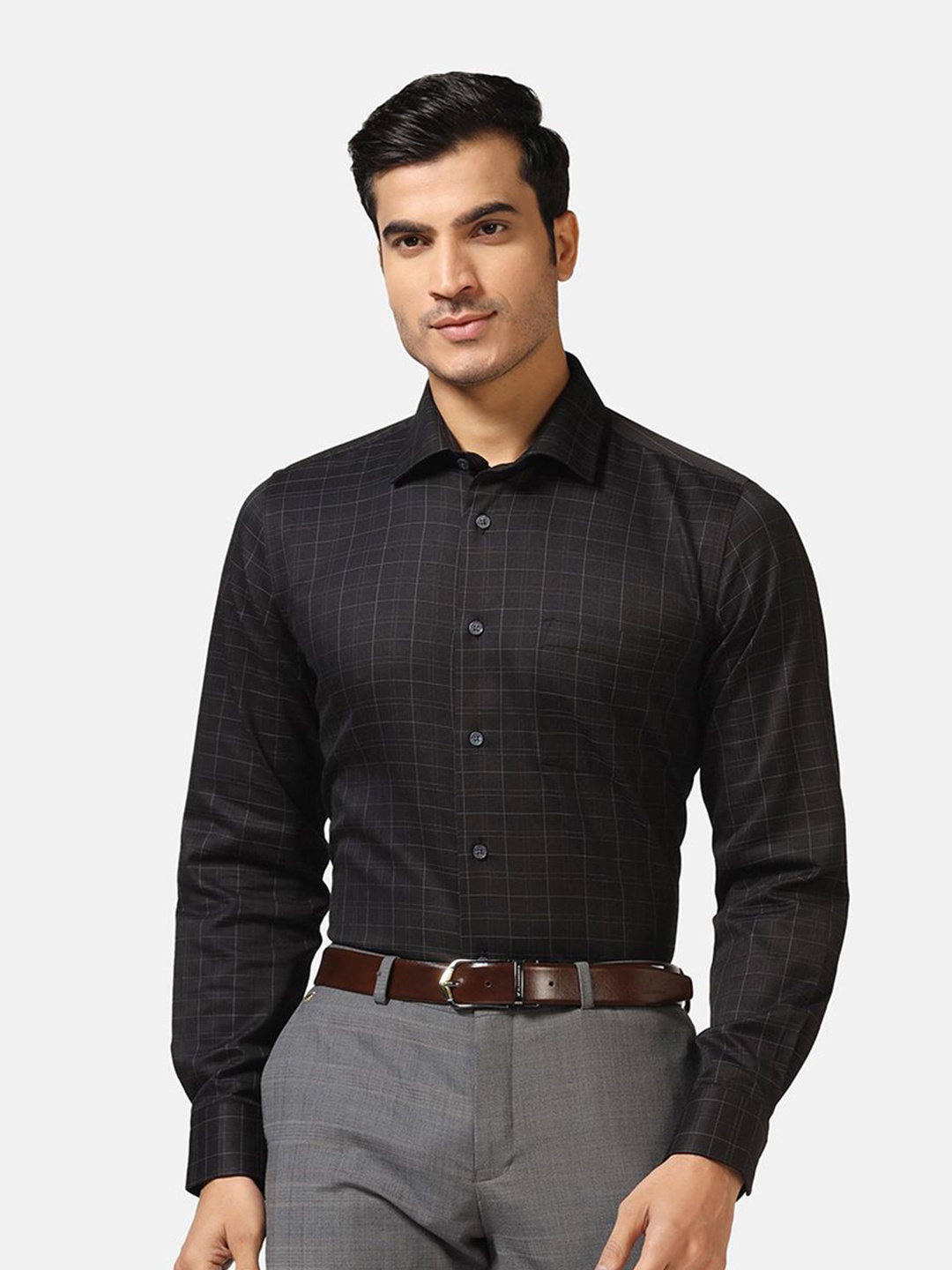 

Blackberrys Straight Slim Fit Checked Cotton Formal Shirt, Black