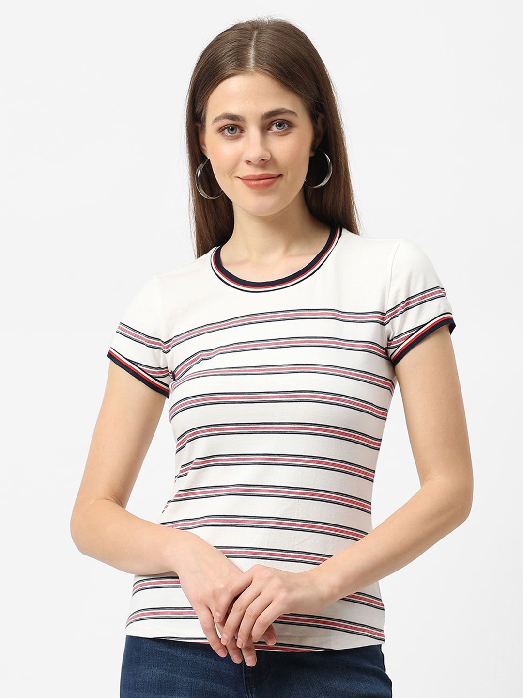 

Kraus Jeans Striped Short Sleeves Slim Fit Cotton Casual T-Shirt, Off white