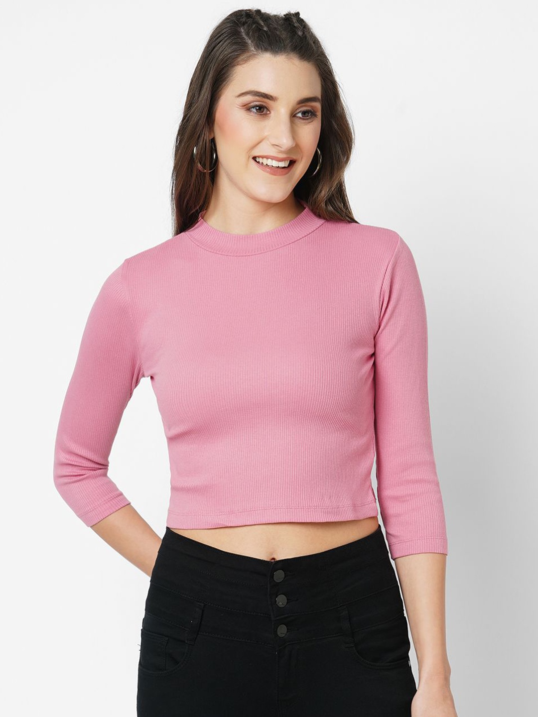 

Kraus Jeans Striped Round Neck Crop Slim Fit Cotton Casual T-Shirt, Pink