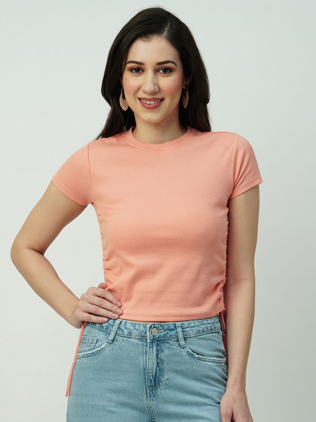 

Kraus Jeans Striped Round Neck Crop Slim Fit Cotton Casual T-Shirt, Orange