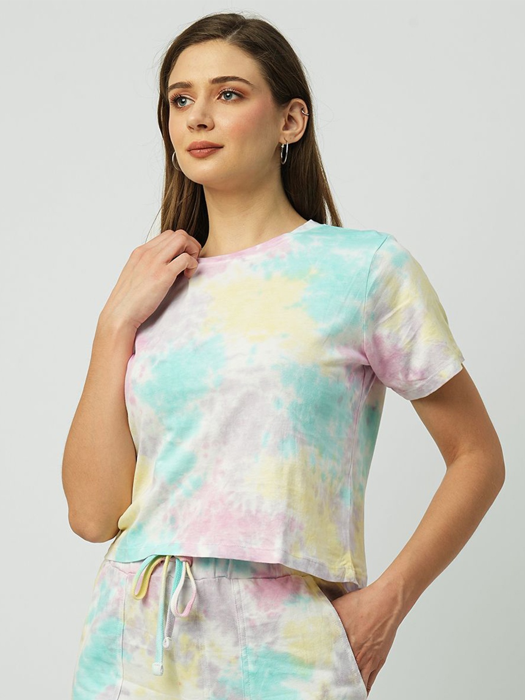 

Kraus Jeans Tie and Dye Printed Short Sleeves Crop Slim Fit Cotton Casual T-Shirt, Pink