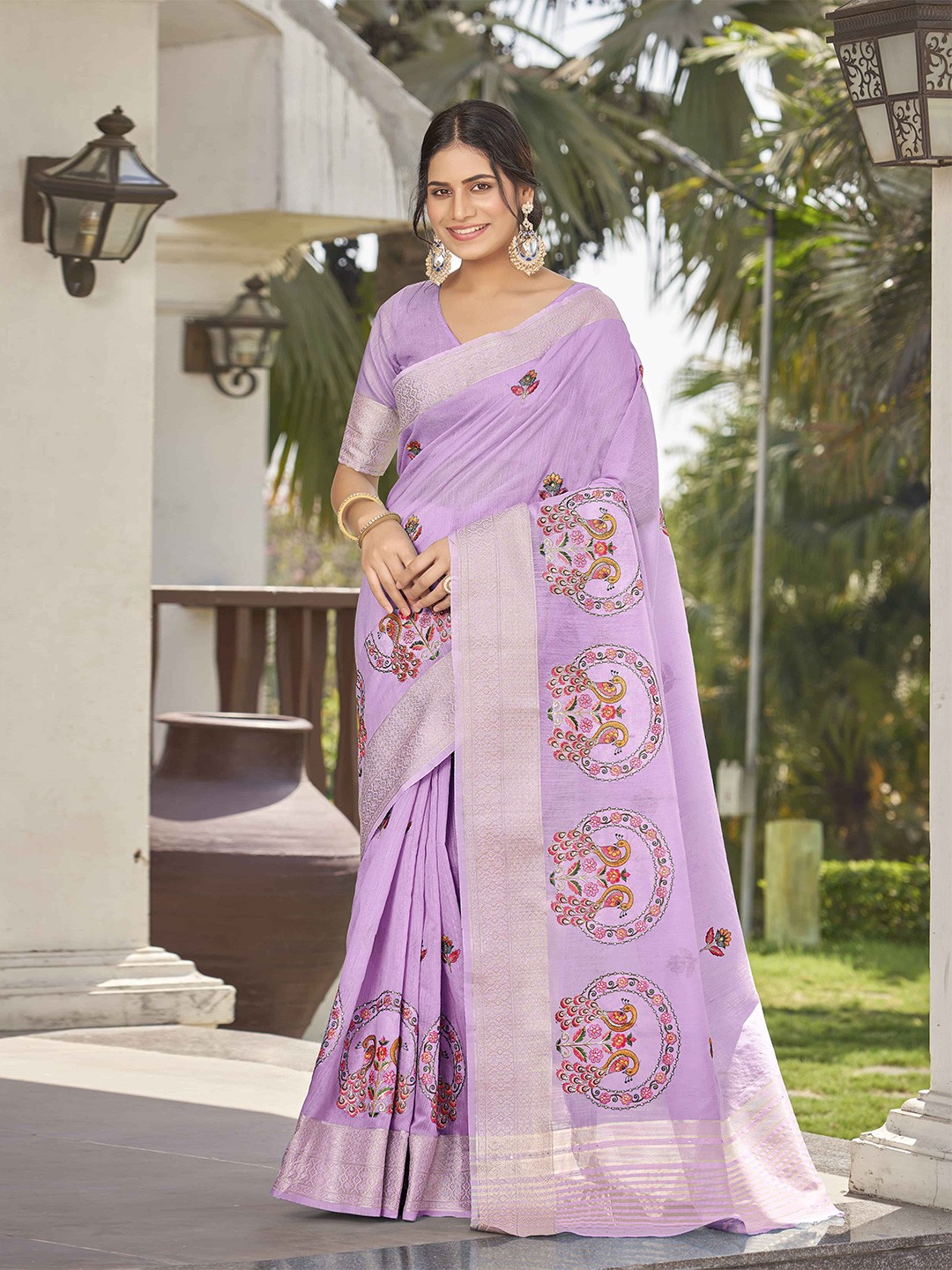 

MANOHARI Ethnic Motifs Mirror Work Jute Cotton Saree, Purple