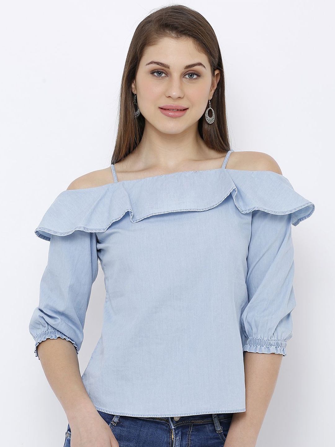 

Kraus Jeans Cold-Shoulder Sleeves Cotton Bardot Top, Blue