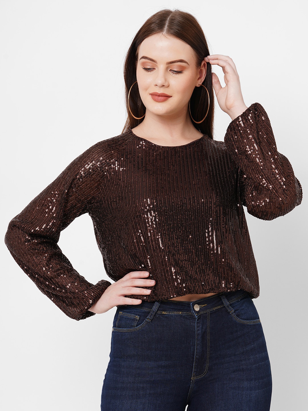 

Kraus Jeans Embellished Round Neck Raglan Sleeves Cotton Crop Top, Brown
