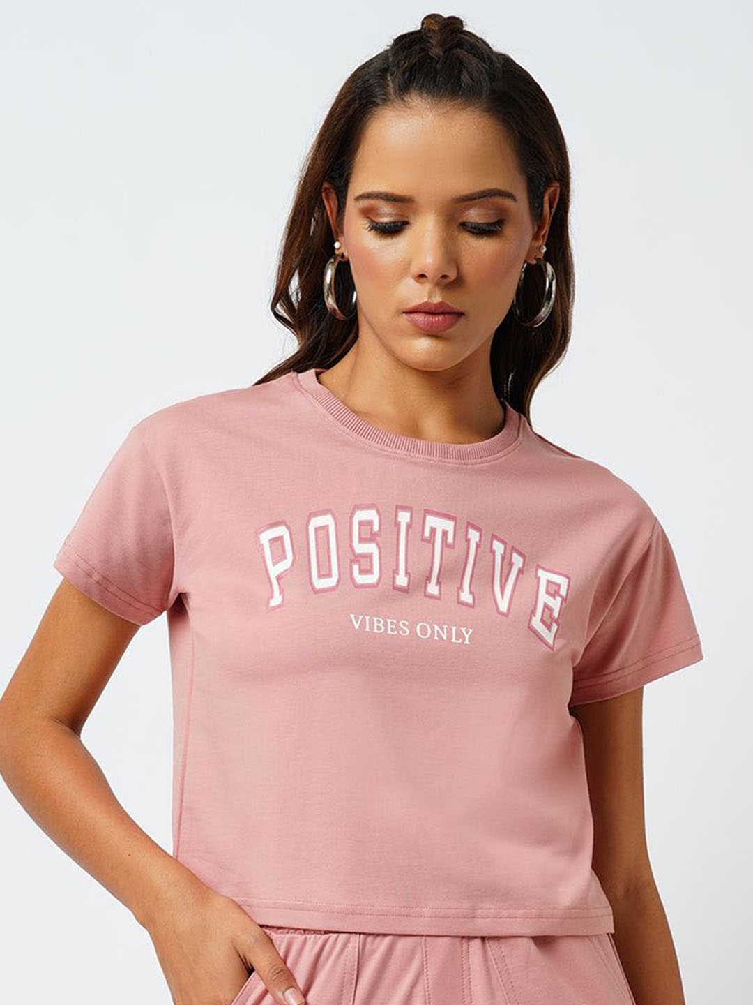 

Kraus Jeans Typography Printed Round Regular Sleeves Cotton Top, Pink