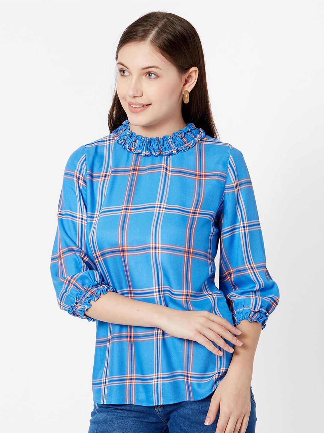 

Kraus Jeans Women Checked High Neck Top, Blue