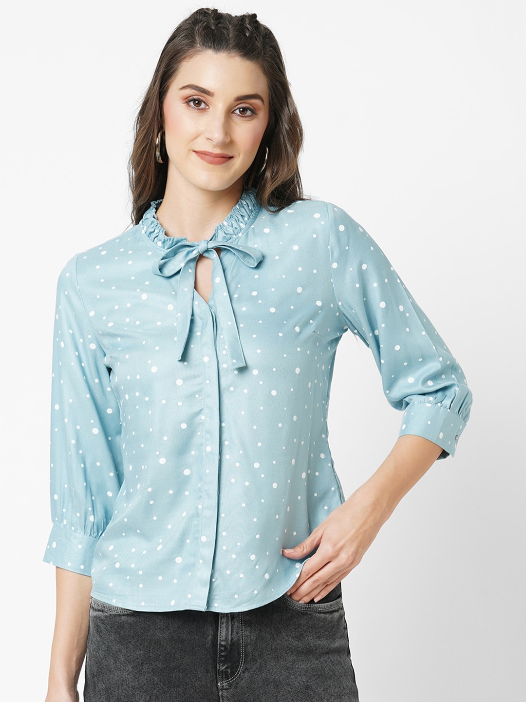 

Kraus Jeans Polka Dots Printed Tie-Up Neck Top, Green